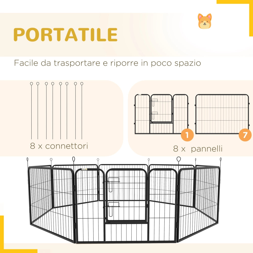Recinto per Cani 8 Pezzi ¨C Minimal ¨C Acciaio Nero 80x60 cm