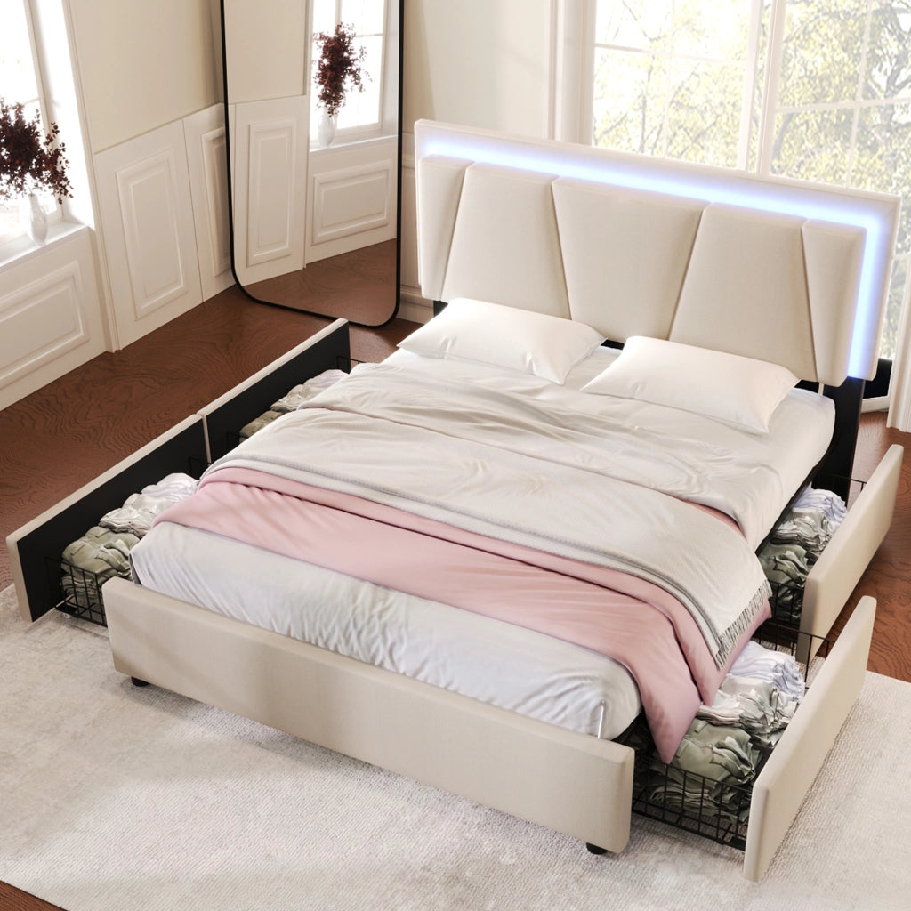 LETTO 160x200 cm con testiera regolabile, LED, 4 cassetti, Beige