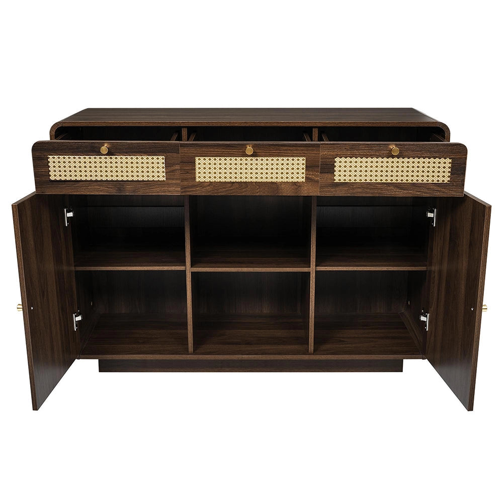 Credenza Sideboard 120cm - Xylo - Noce con 3 Cassetti e Maniglie in Vimini/Oro
