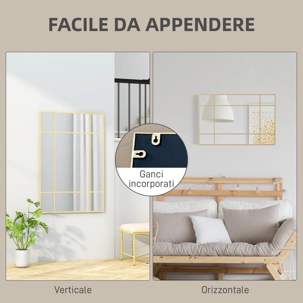 Specchio da Parete Stile Finestra con Montaggio Verticale e Orizzontale, 90x60 cm, Oro