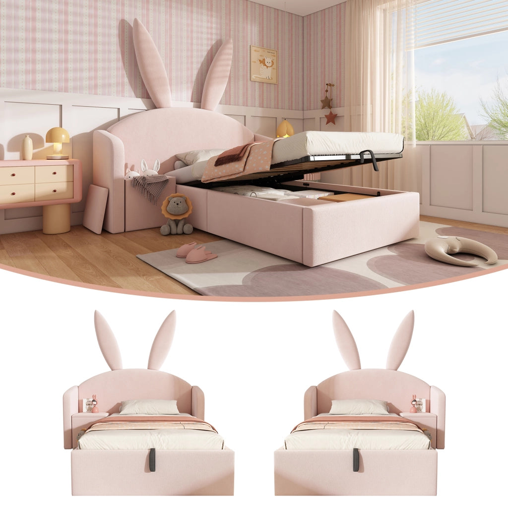 LETTO imbottito 90x200 cm Rosa in velluto con comodino laterale e contenitore