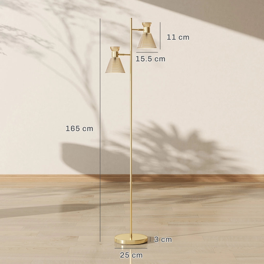 Lampada da Terra Moderna 2 Luci ¨C Xylo ¨C Oro, Teste Regolabili, Interruttore a Pedale