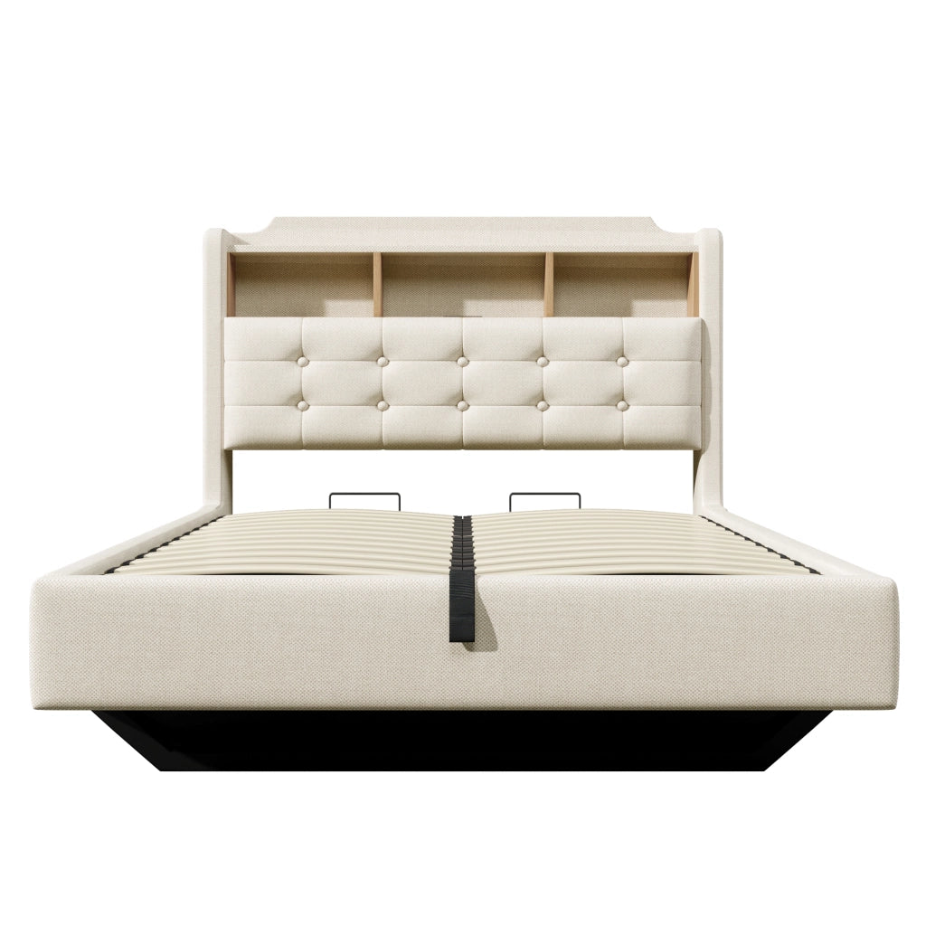 Letto imbottito 140x200 cm con LED, vano contenitore idraulico, USB e Type-C, beige