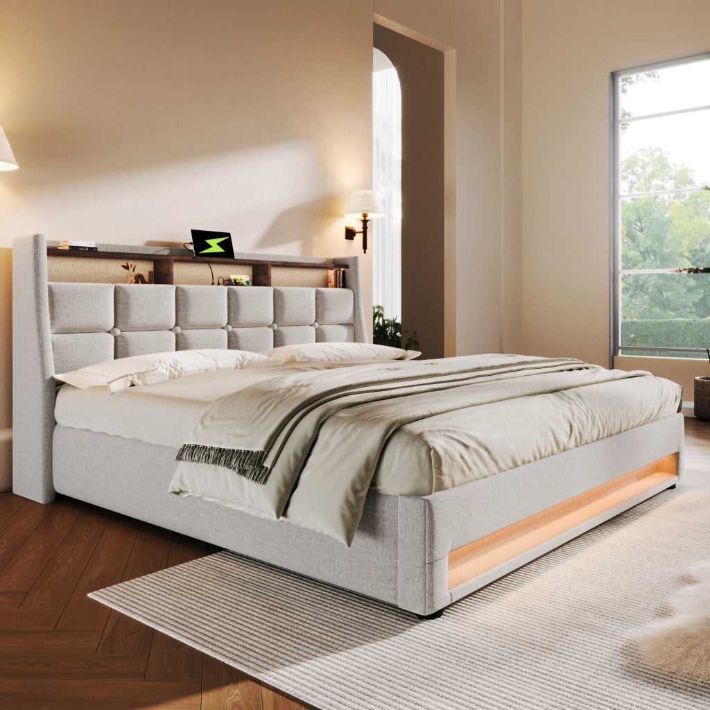 LETTO Imbottito 160x200 cm Beige con USB e LED in tessuto effetto lino