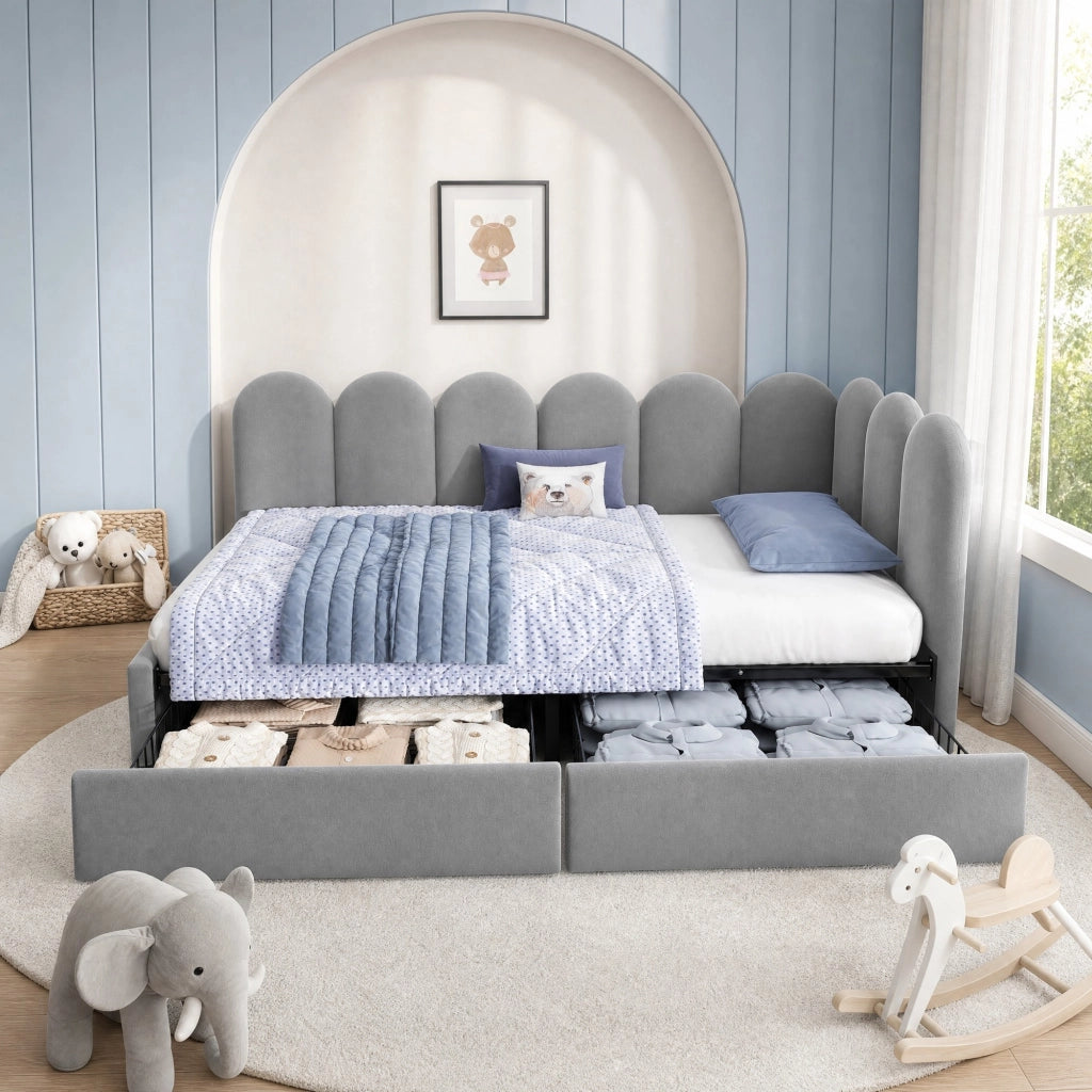 LETTO Divano 90x200 cm in velluto grigio con 2 cassetti