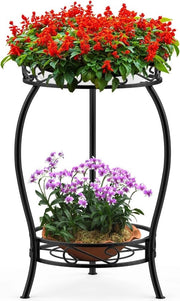 Stand per piante in metallo da 48 cm - 2 livelli vassoio per piante per interni ed esterni nero