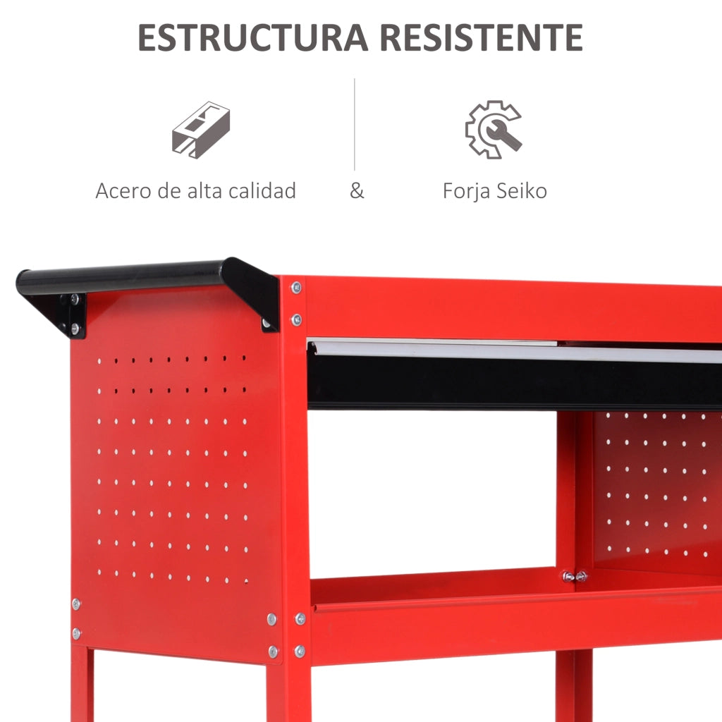 Carrello per attrezzi con 3 vassoi e cassetto ¨C Minimal ¨C Ruote con freni, pannello laterale perforato, rosso