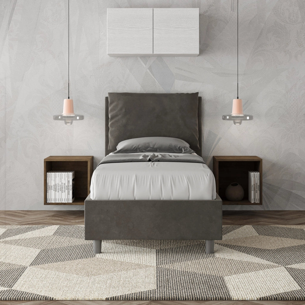 BS COM Letto singolo contenitore imbottito 80x190 microfibra grigio