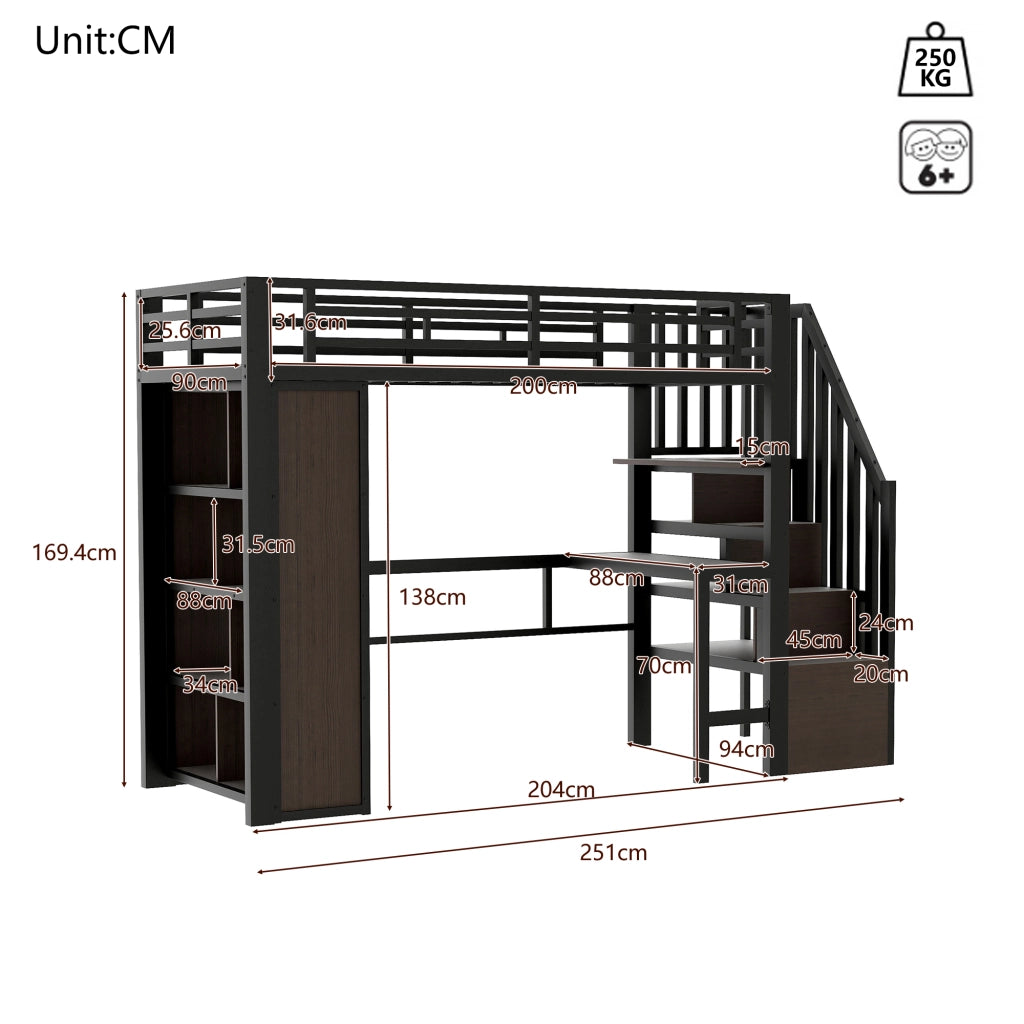 Letto a Soppalco con Scrivania e LED ¨C MINIMAL ¨C Metallo Nero 90x200