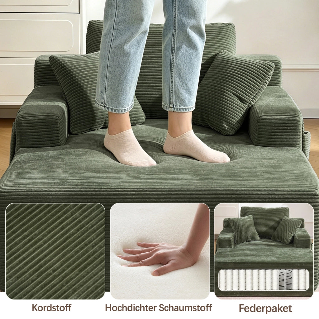 Divano letto con tasche laterali, cuscini e schiuma con molle, in velluto a coste, Verde