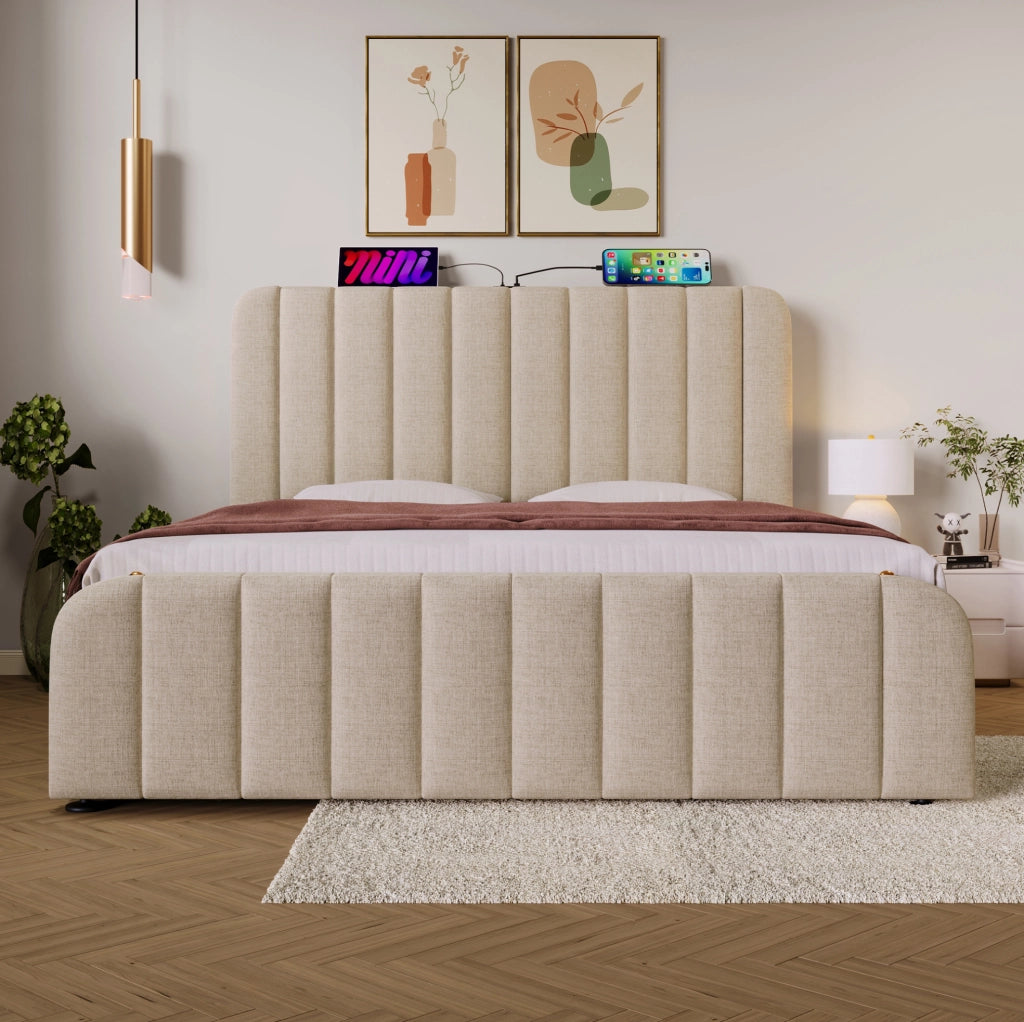 Letto imbottito contenitore 140x200 cm con USB e Type-C; beige