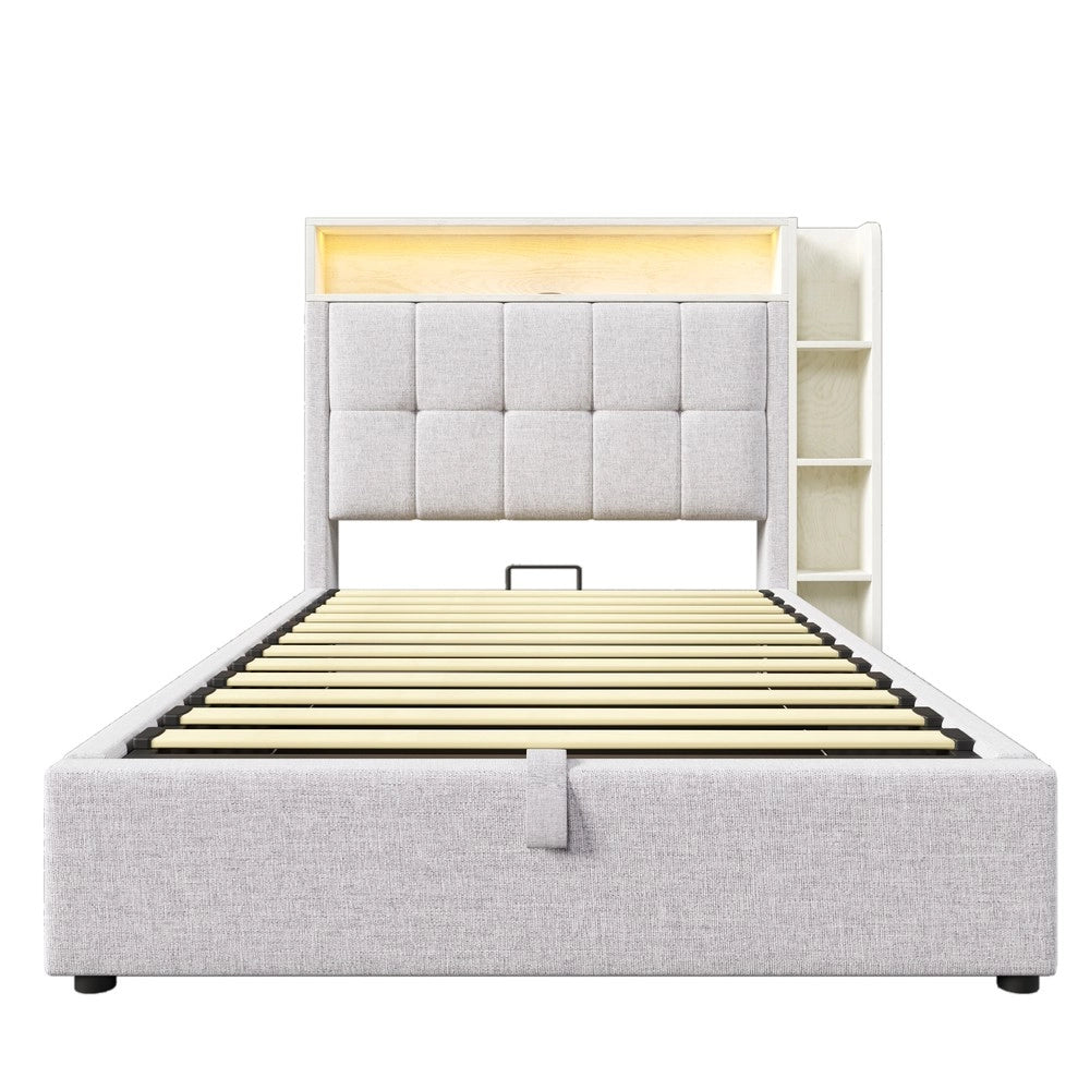 Letto Imbottito con LED e Contenitore ¨C MINIMAL ¨C Tessuto Beige 90x200