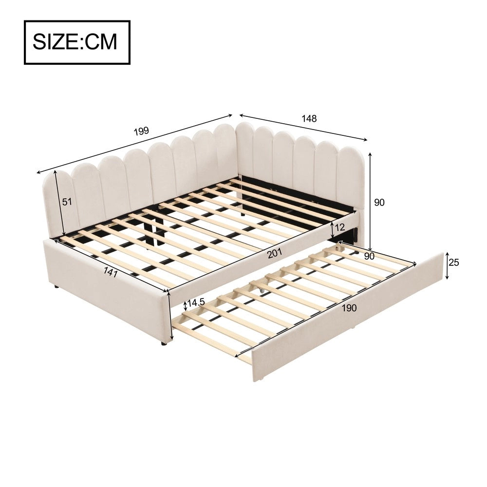 Letto Imbottito con Divano Estraibile a L ¨C MINIMAL ¨C Velluto Beige 140x200