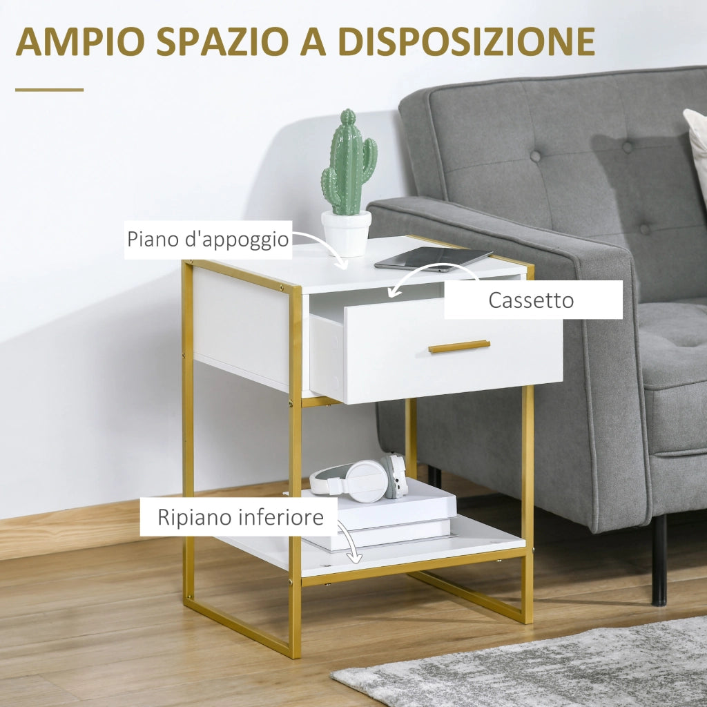 Comodini Moderni con Cassetto ¨C Minimal ¨C Bianco e Oro, MDF e Acciaio, 45x40x60cm