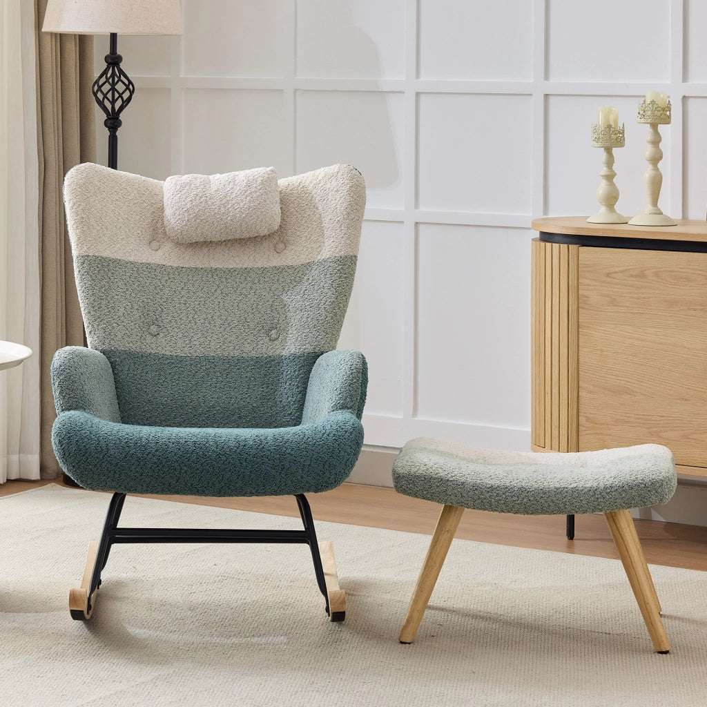 Poltrona Dondolo Boucl¨¦ con Poggiapiedi ¨C MINIMAL ¨C Patchwork, Gambe in Legno
