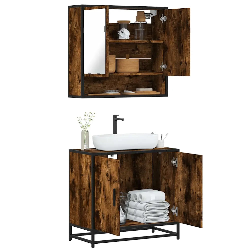 Set Mobili da Bagno | Armadio da bagno 2 pz Rovere Fumo in Legno Multistrato