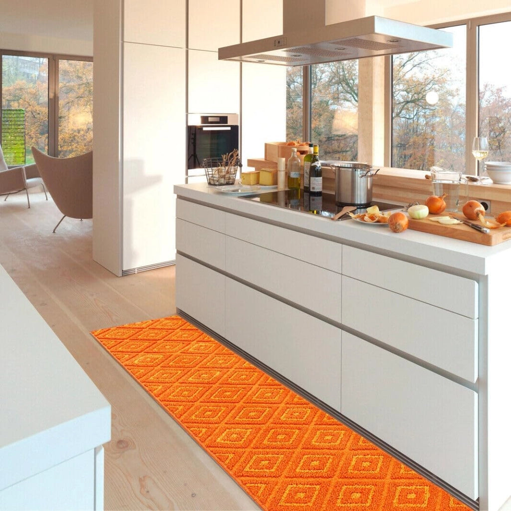 Tappeto Casa Cucina Rombi 3D 50X115 Cm Bordato Moderno Assorbente Antiscivolo Arancione