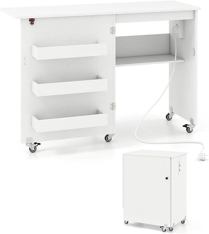 Mobile per Macchina da Cucire Pieghevole, Tavolo da Cucito con Stazione di Ricarica, Ruote Bloccabili, Ripiano e Contenitori (Bianco, 116 x 41 x 78 cm)