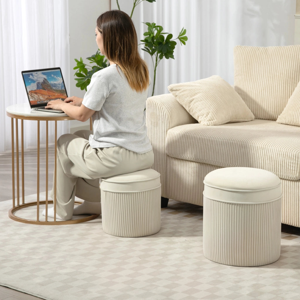 Pouf di stoccaggio in velluto ¨C Minimal ¨C 2 pezzi crema ?36 e ?32 cm