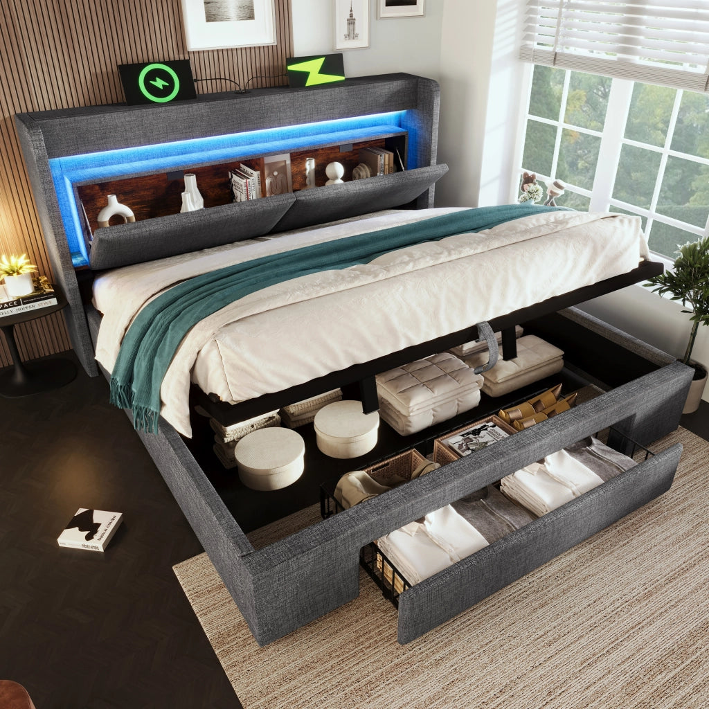 LETTO Contenitore idraulico 140x200 cm Lino Grigio con LED e USB-C