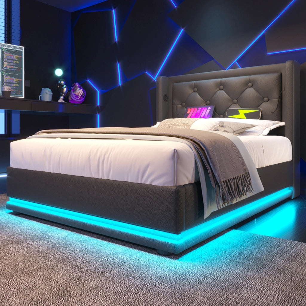 LETTO contenitore 90x200 cm PU nero con USB Type-C e LED a 3 lati