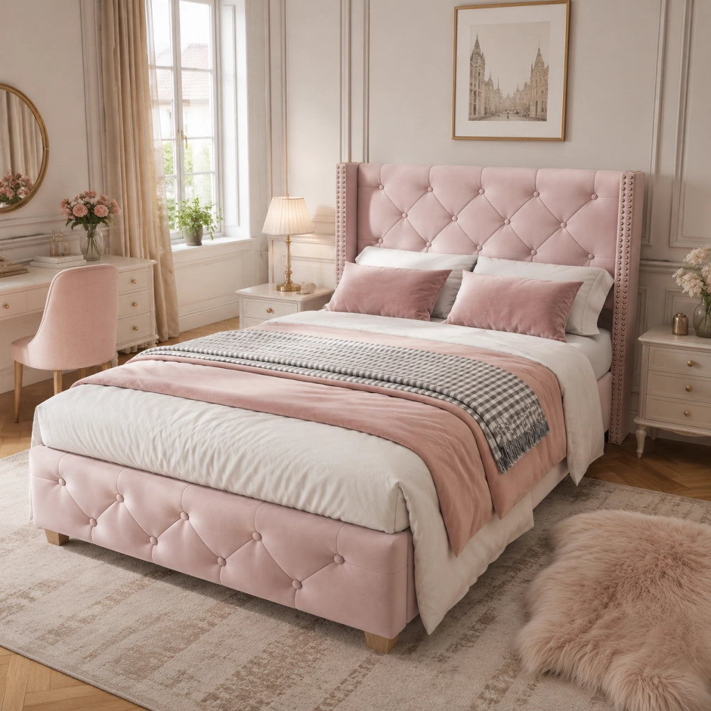 LETTO imbottito 90x200 cm in velluto rosa con testiera