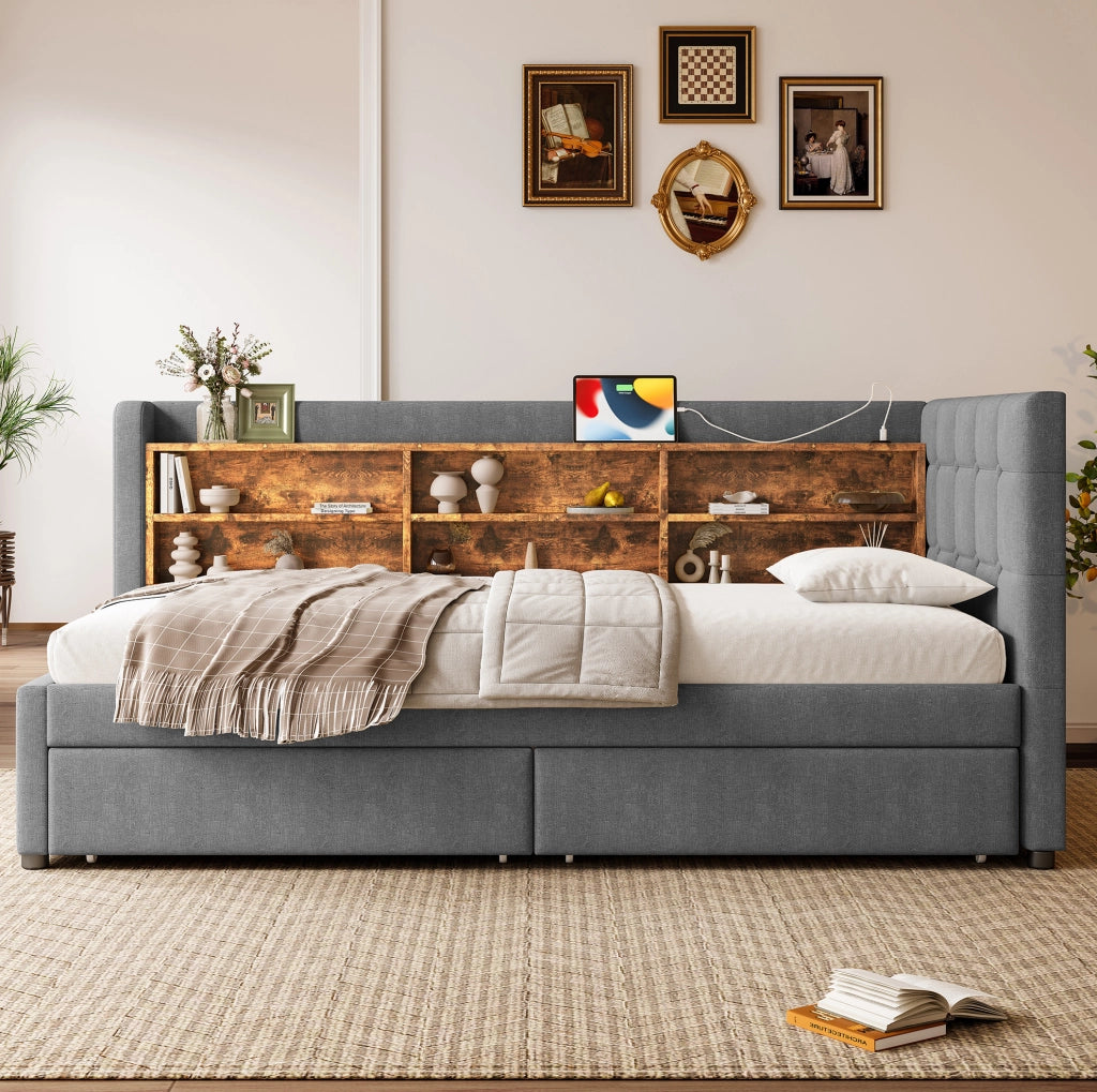 Letto singolo 90x200 cm con 2 cassetti, USB e USB-C, rete a doghe, grigio