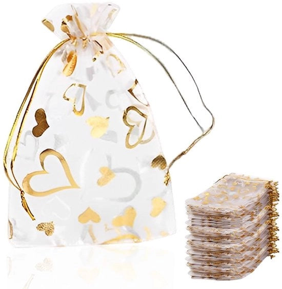 Confezioni in organza 100 pezzi - Design a cuore dorato - 7 x 9 cm - Confezioni per regali - Accessori per gioielli/ Regali - Chiusura a cordino satinato