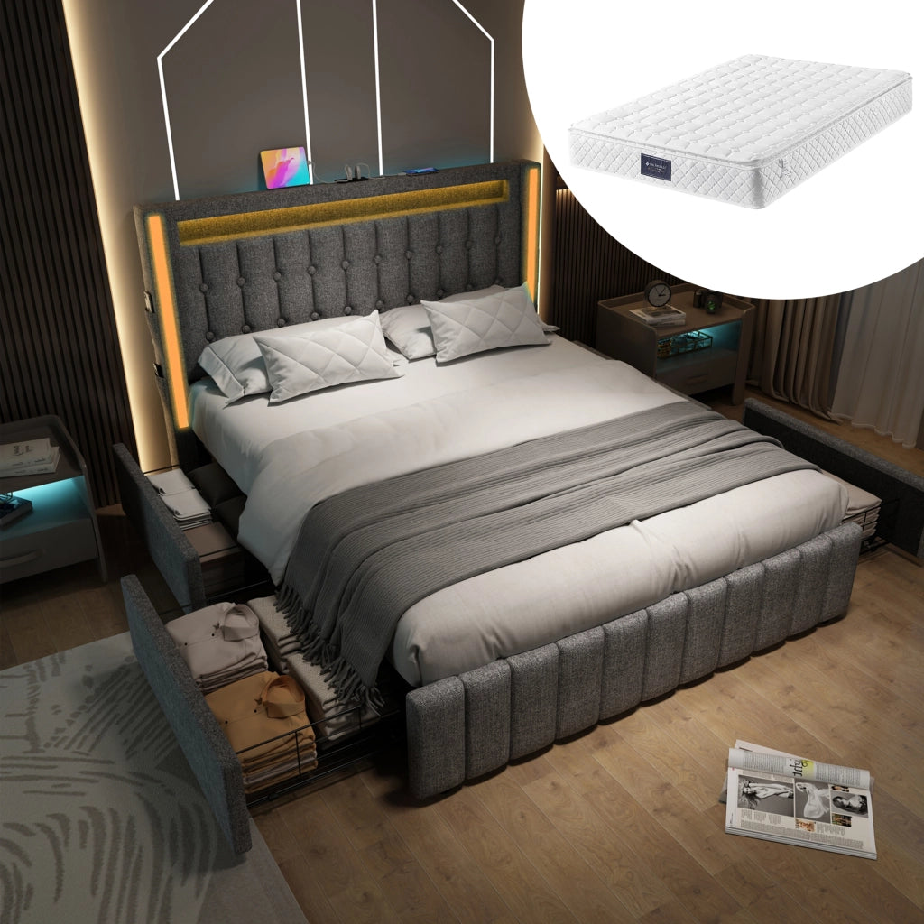LETTO in lino 160x200 cm grigio con USB, LED e 4 cassetti