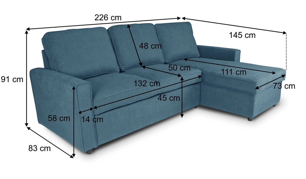 Divano letto angolare con contenitore, divano con chaise longue blu denim - Kennedy DL-KE07CL