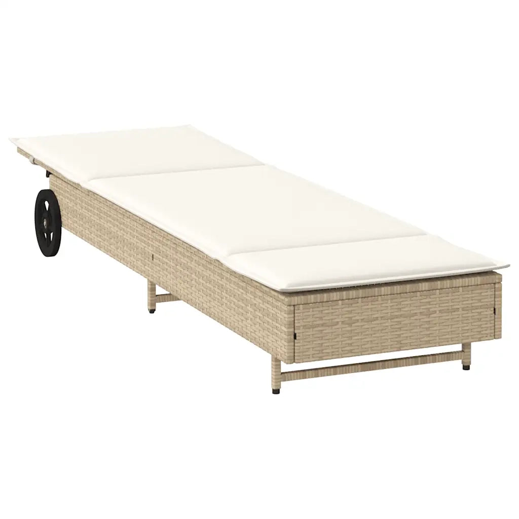 Lettino Prendisole con Ruote e Cuscino in Polyrattan Beige 4104037