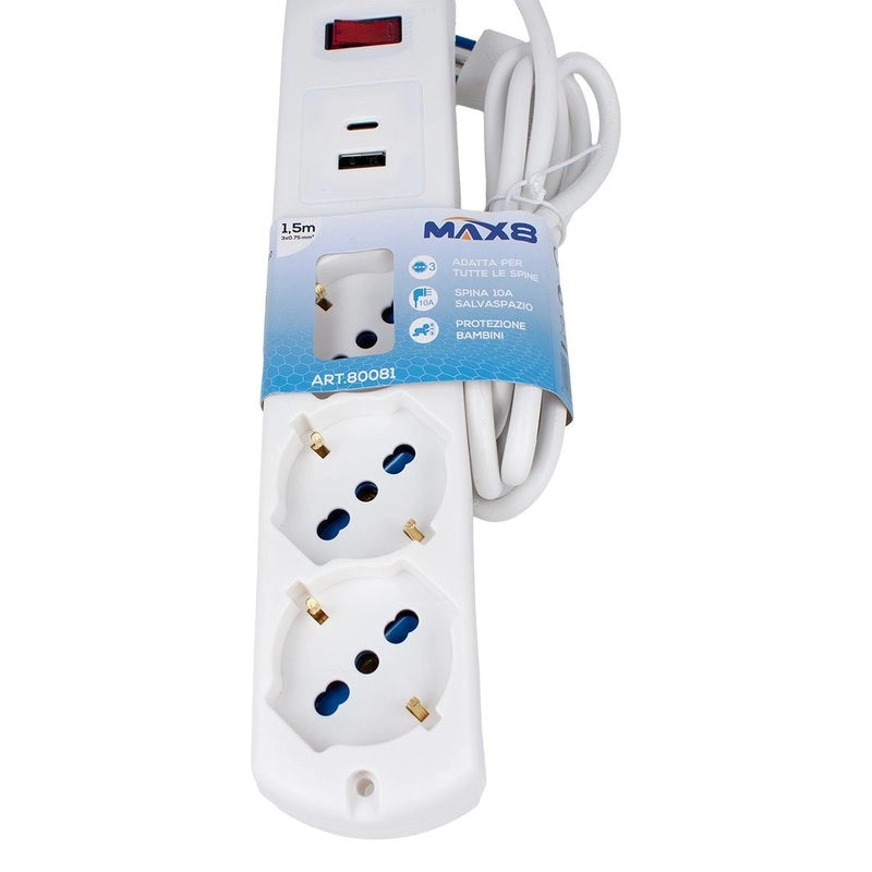 Multipresa 7 in 1, USB A + C + 3 Prese per Bipasso + 2 Schuko/ EU 1.5m
