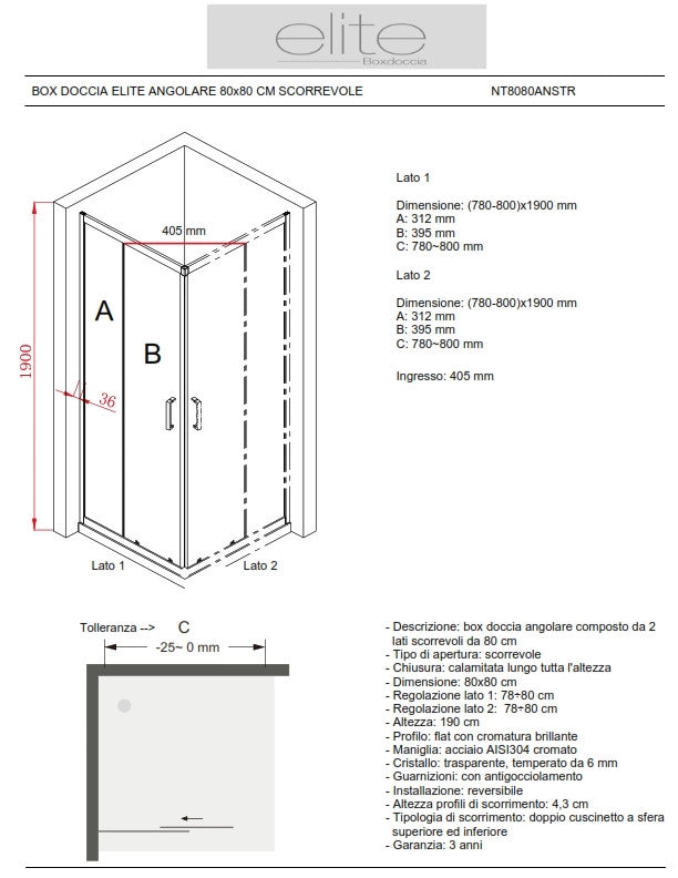 BOX DOCCIA ELITE ANGOLARE 80x80 CM SCORREVOLE OPACO