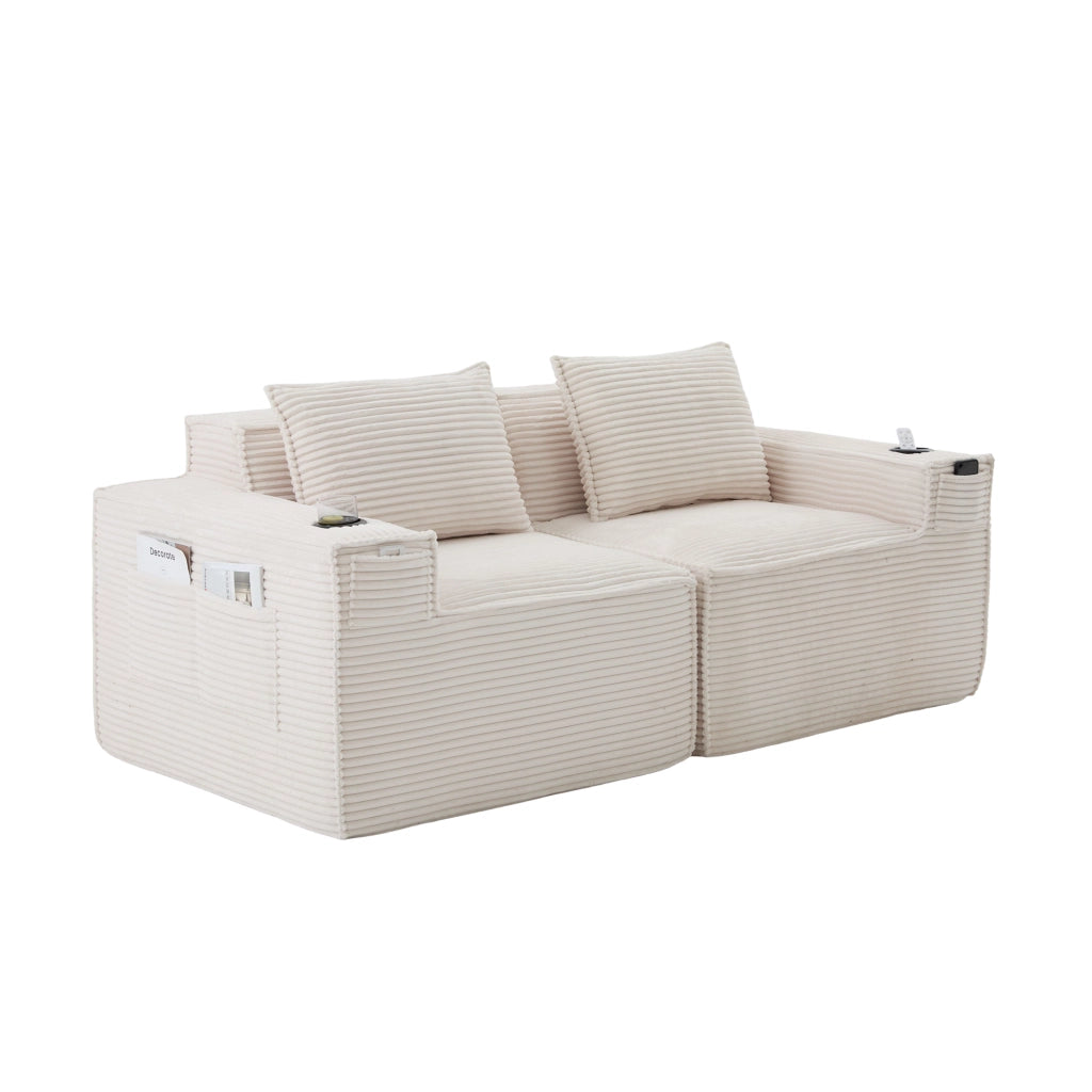 Divano modulare 2 posti con Portabicchieri e Tasche laterali in Velluto a coste Beige