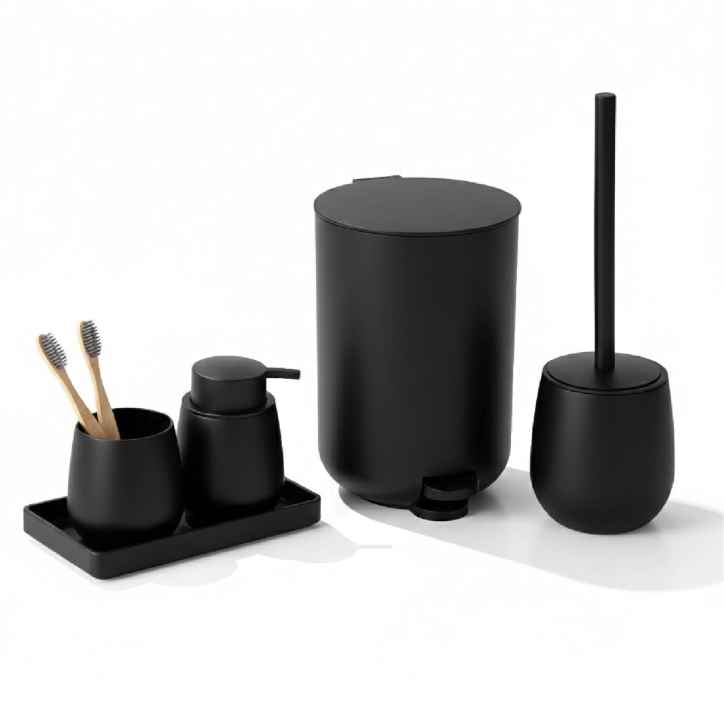 Set Accessori Bagno 6 Pezzi in ABS Completo Pattumiera con Pedale, Scopino WC, Dispenser Sapone, Porta Spazzolini, Bicchiere e Vassoio Antiscivolo Design Moderno e Resistente Nero
