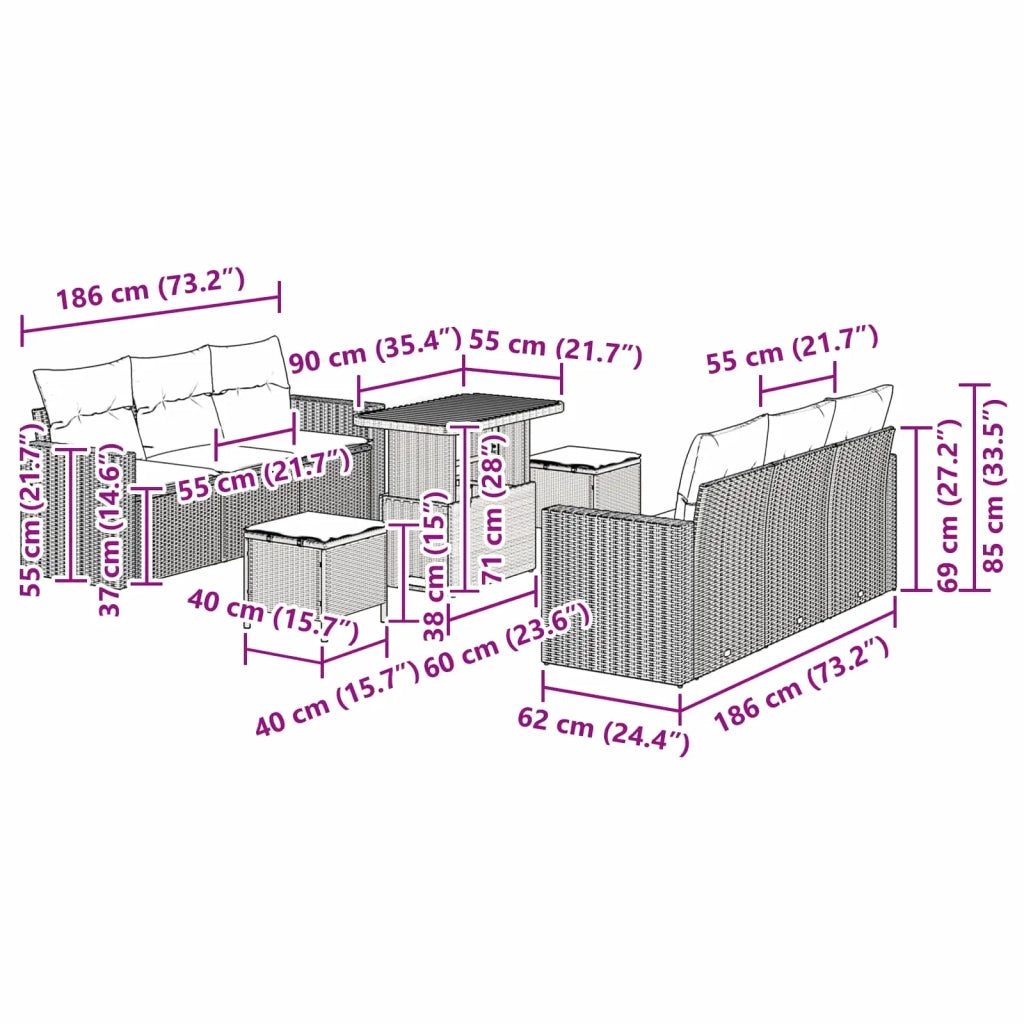 Set Divano da Giardino 9 pcs Nero polyrattan 3361569