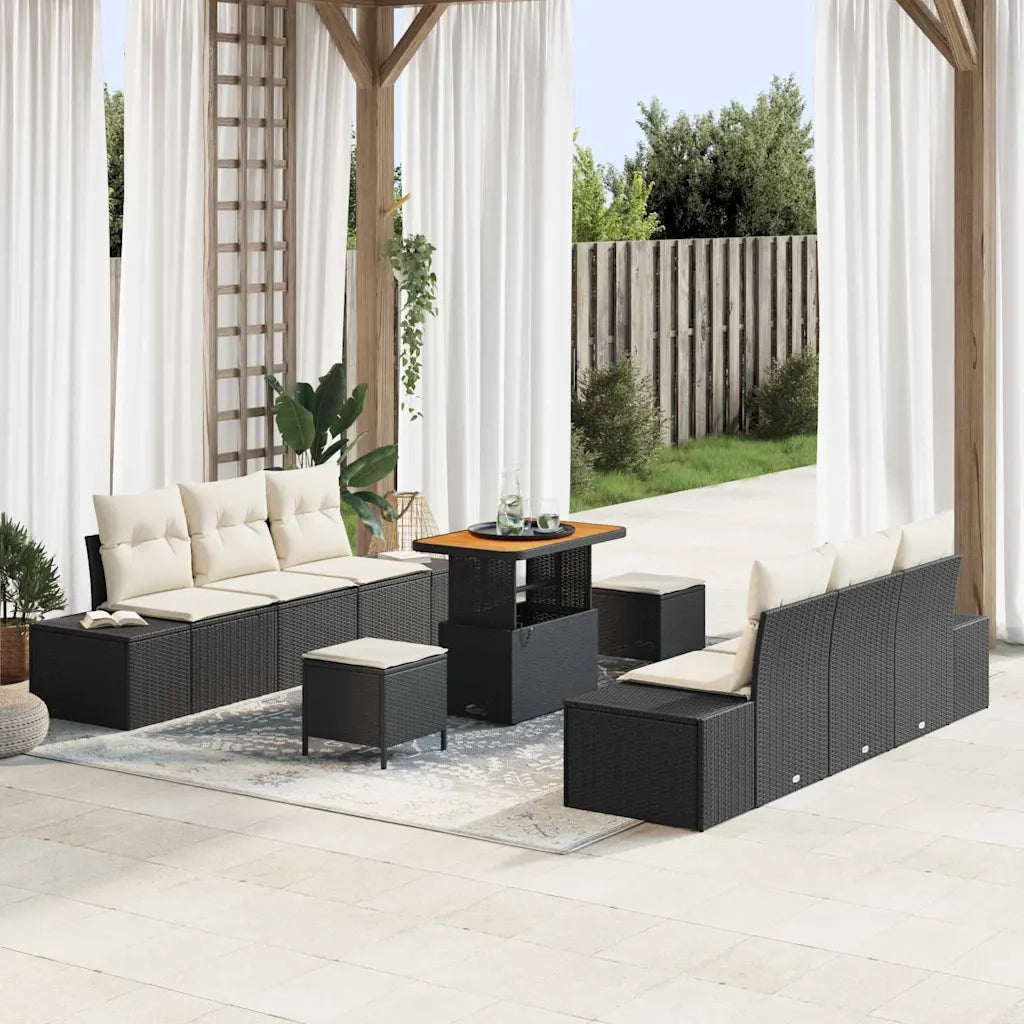 Set Divano da Giardino con cuscino 9 pcs Nero polyrattan