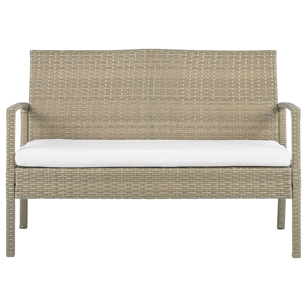 Set divano da giardino in finto rattan marrone con cuscini bianchi e tavolino da caffè a 4 posti