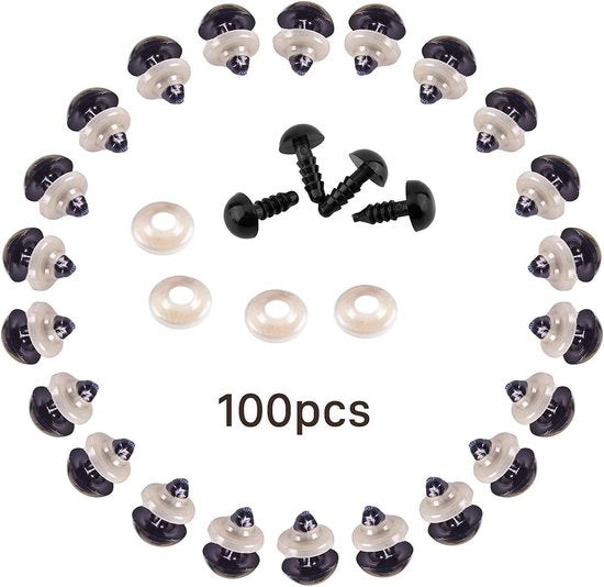 Occhiali di Sicurezza per Bamboline - 100 Pezzi - Nero Plastico - 6 mm - Con Cerniere