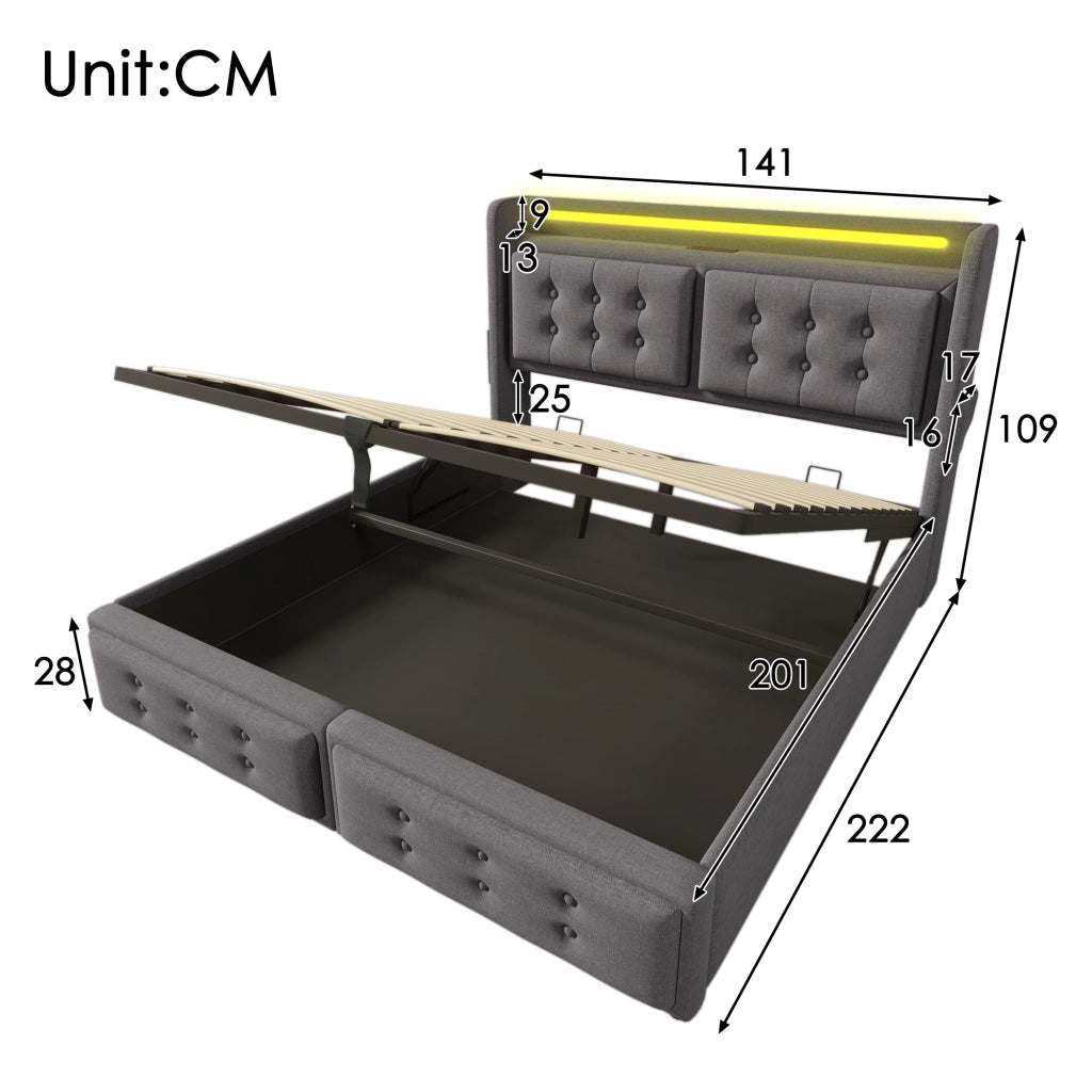 LETTO imbottito 140x200 cm in tessuto cotone-lino grigio con LED e porte USB