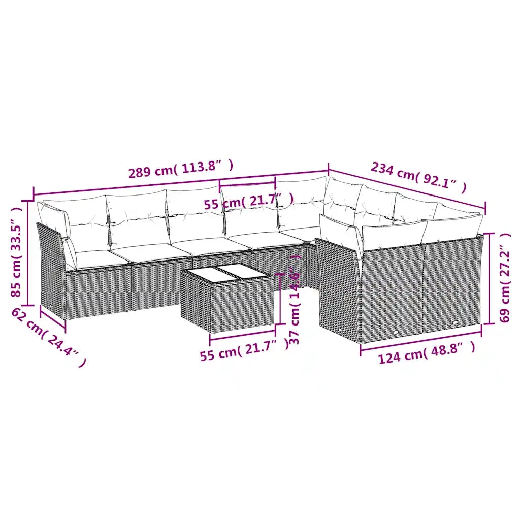 Set Divani da Giardino 10pz con Cuscini in Polyrattan Marrone 3218183