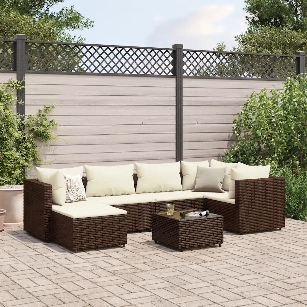 Set Divani da Giardino 7 pz con Cuscini in Polyrattan Marrone