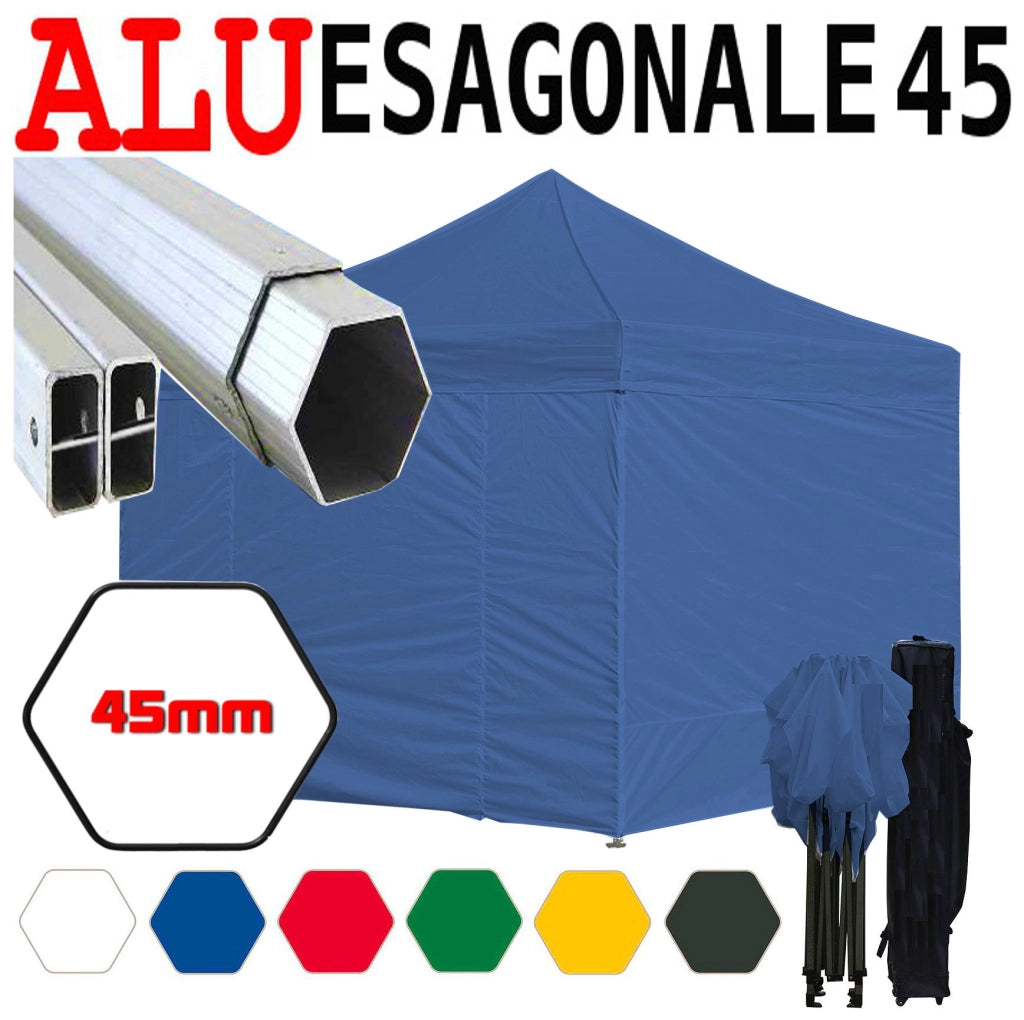 Gazebo 3x3 m blu pieghevole alluminio piantone esagonale 45mm portatile estendibile richiudibile estensibile acciaio con laterali per fiere eventi stand chiosco tenda tendone mercato mercatino    