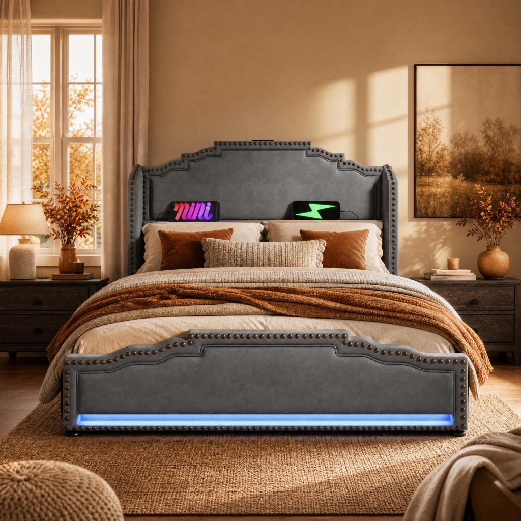 LETTO Contenitore 140x200 cm in velluto grigio con LED e USB/Type-C