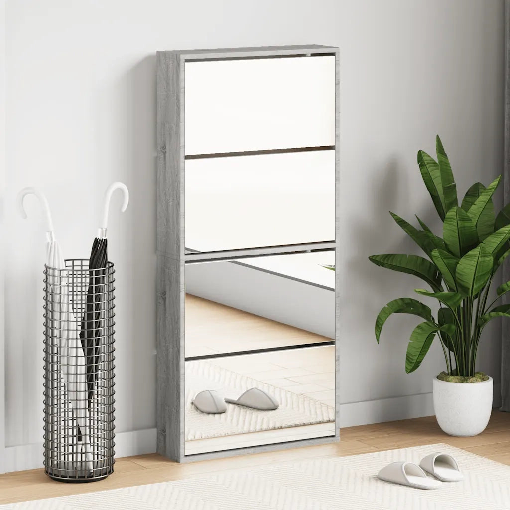 Scarpiera con Specchio a 4 Livelli-Mobile con specchio Grigio Sonoma 63x17x134 cm