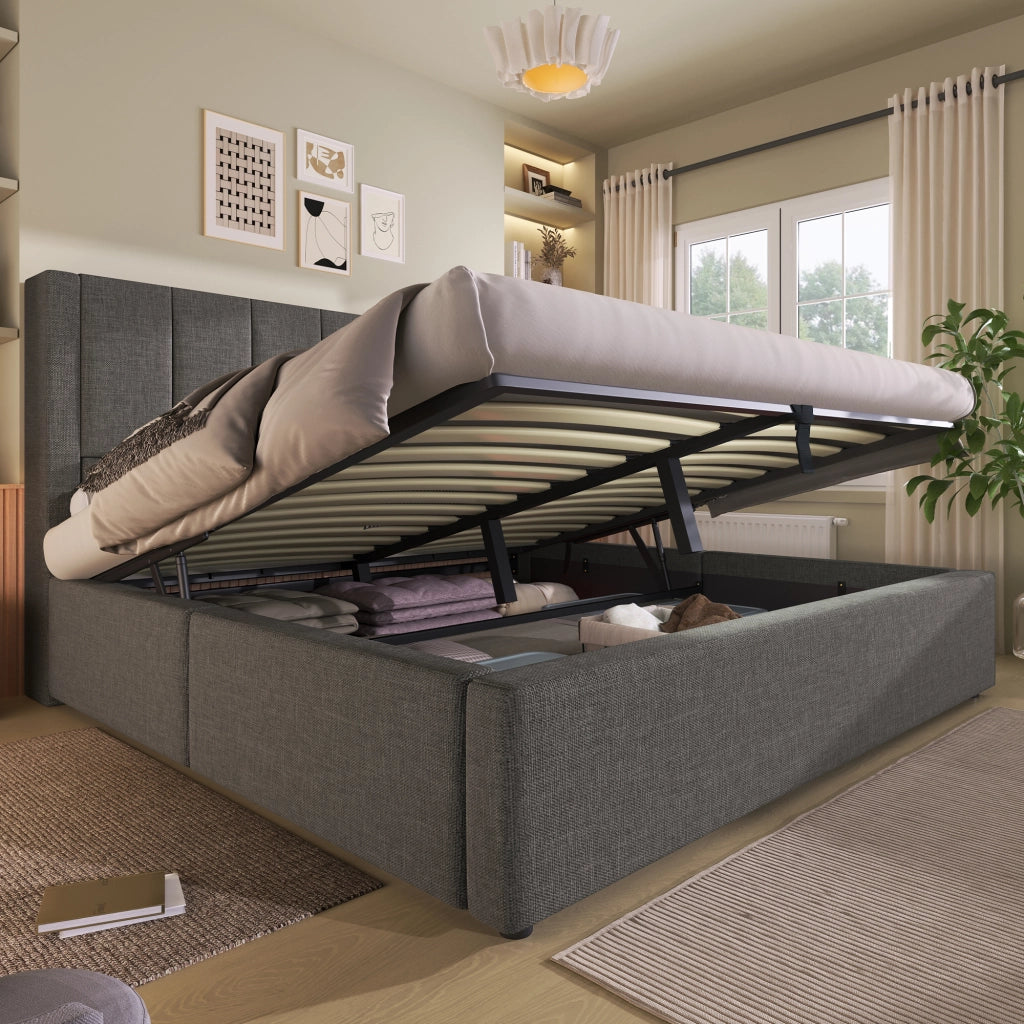 LETTO Contenitore 140x190 cm Grigio in lino con USB e portabicchieri