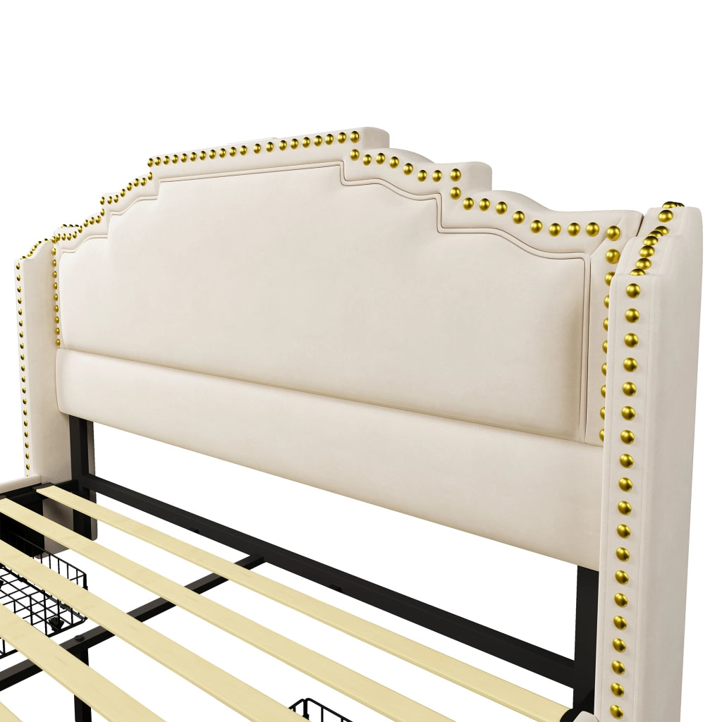 Letto imbottito 140x200 - Zephmum - 4 cassetti, LED, USB-C, velluto, beige