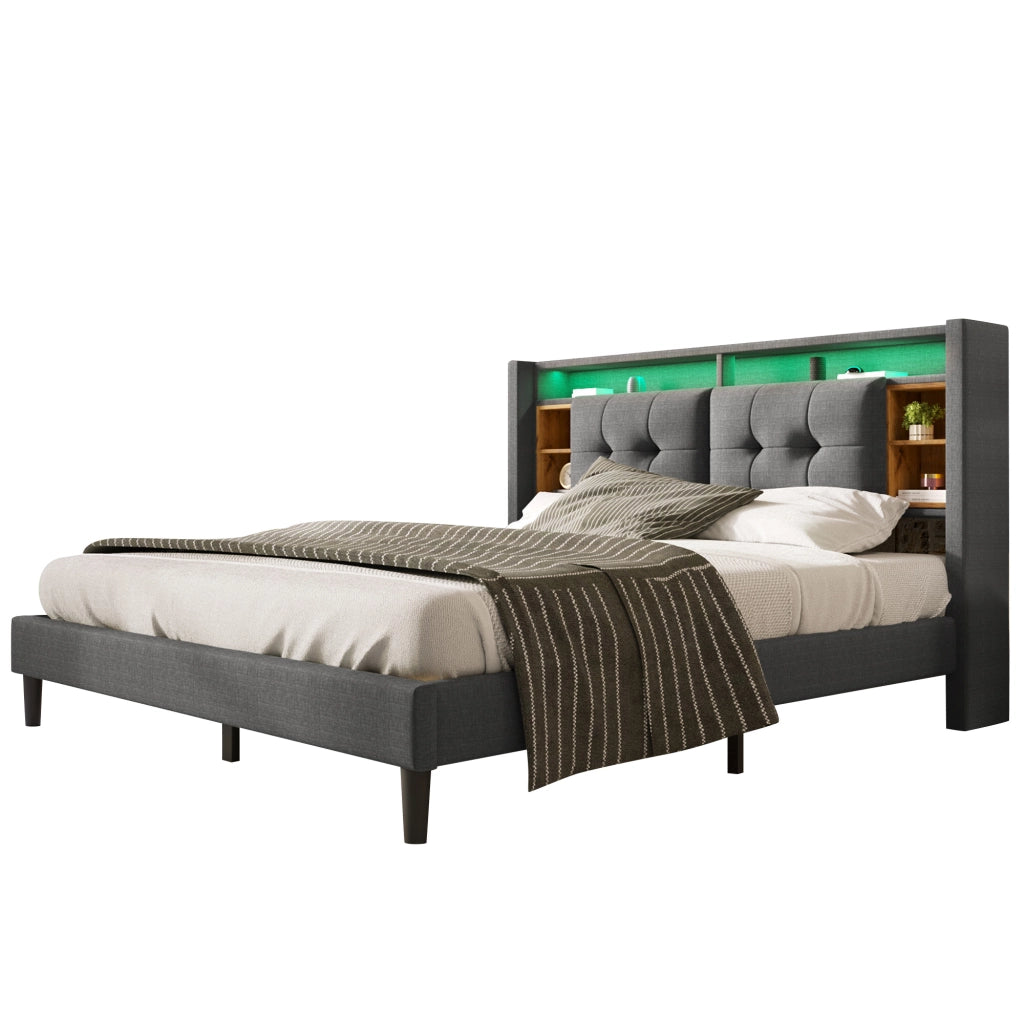 Letto matrimoniale imbottito con USB LED 160x200 cm legno massello grigio