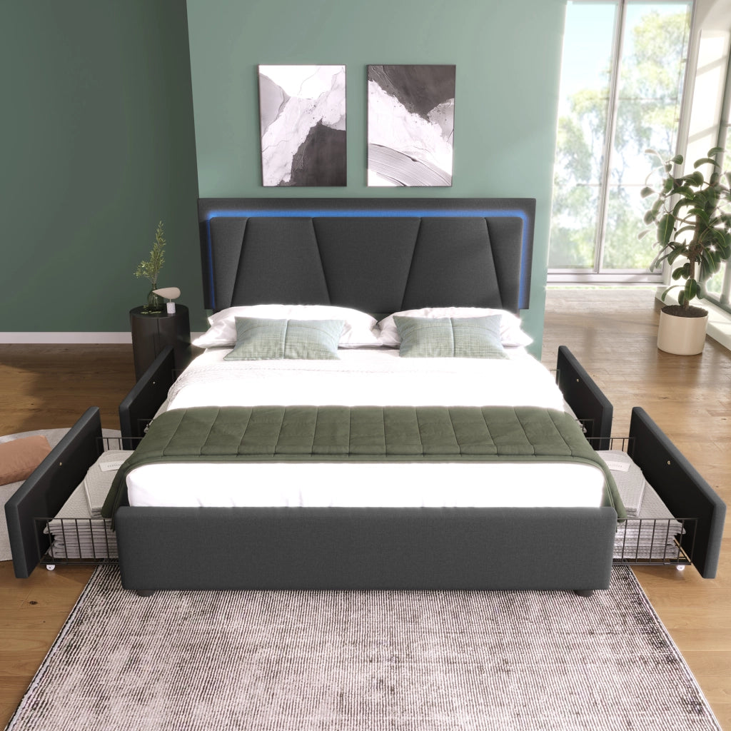 LETTO 140x200 cm grigio con LED e 4 cassetti, testiera regolabile