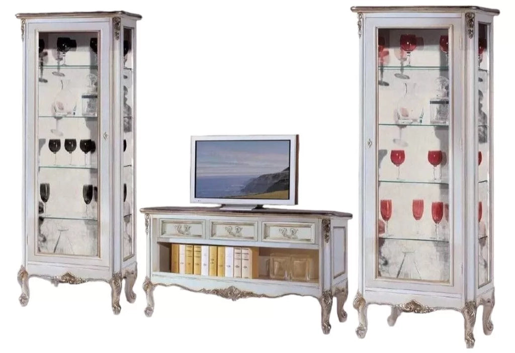 Parete attrezzata classica legno shabby bianco argento - Mobili 2G